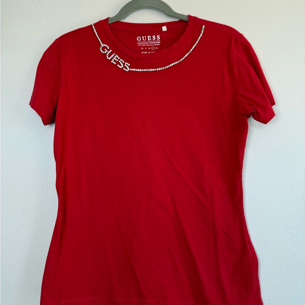 GUESS Red Short-Sleeve Tee with Rhinestone Logo Accent